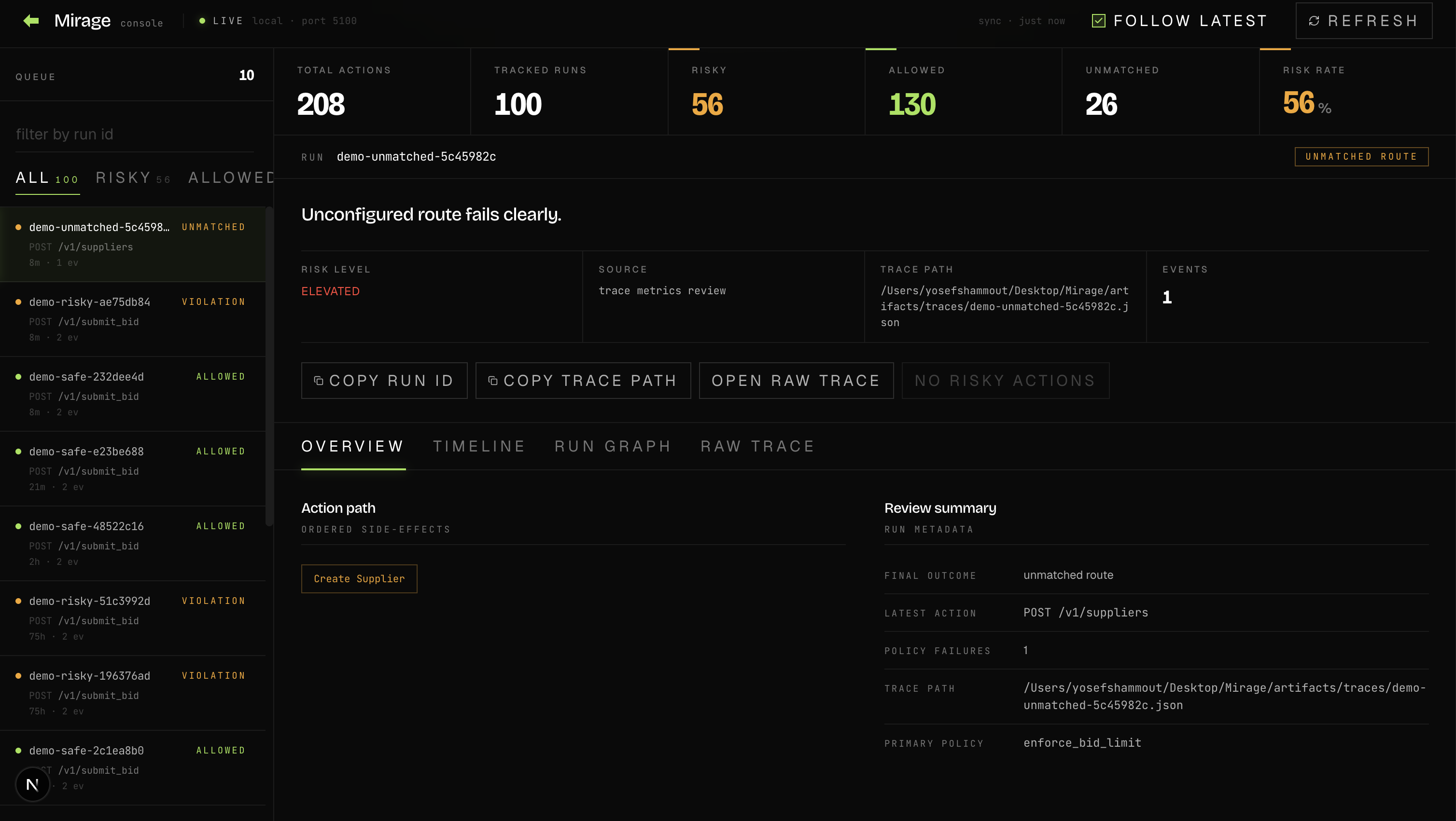 Mirage review console showing a procurement run that triggered a policy violation